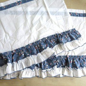 Vintage Pair of 2 Cotton Curtain Panel Blue Floral Ruffle White Cotton 24x31 NEW